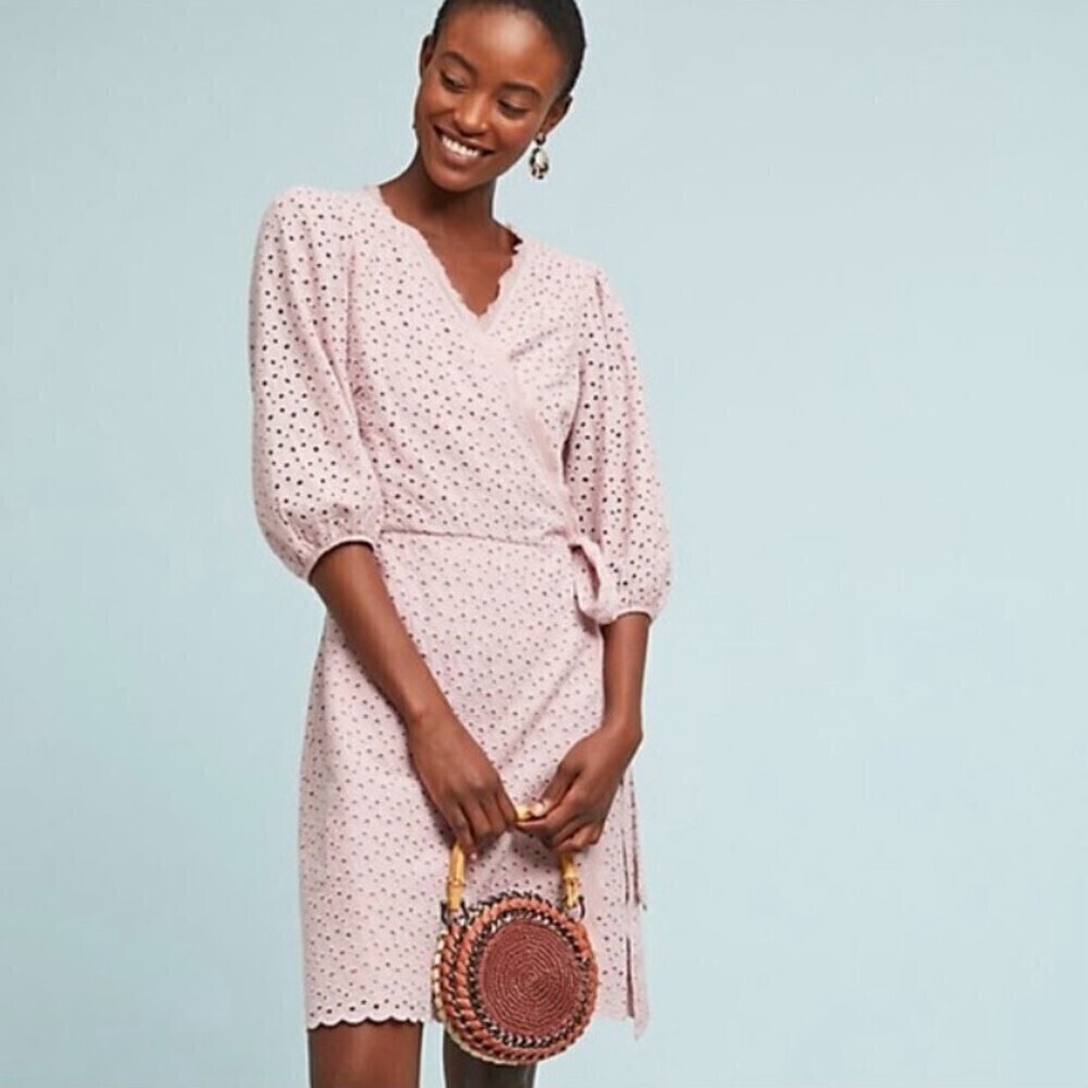 ANTHROPOLOGIE Graham & Spencer Merina Eyelet Lace Wrap Mini Dress Blush Pink XS